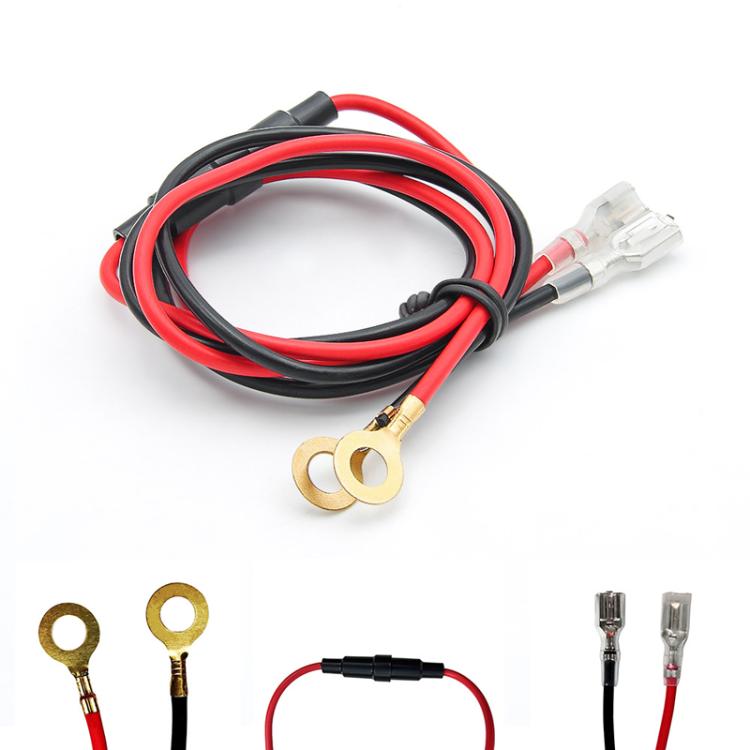 Car power cable set with red/black leads, ring terminals, and clear plug connectors