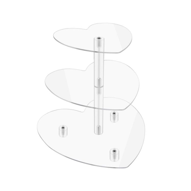 Three-tier heart-shaped acrylic cupcake stand with clear support rods