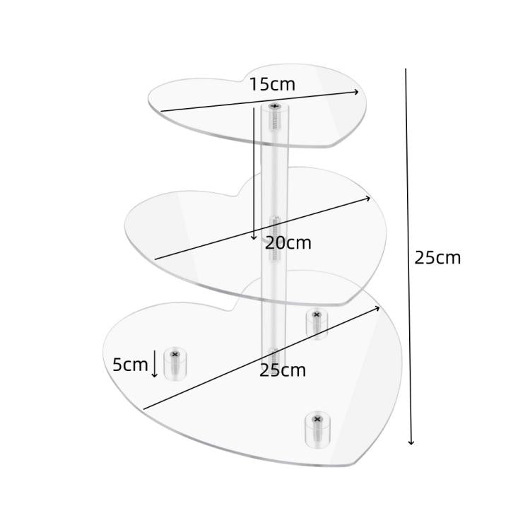 Three-tier heart-shaped acrylic cupcake stand with tier size measurements