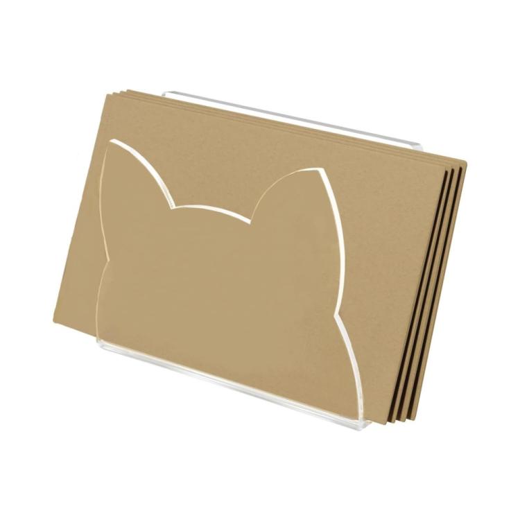 Tan acrylic cat-shaped desktop mail sorter with open front and side supports