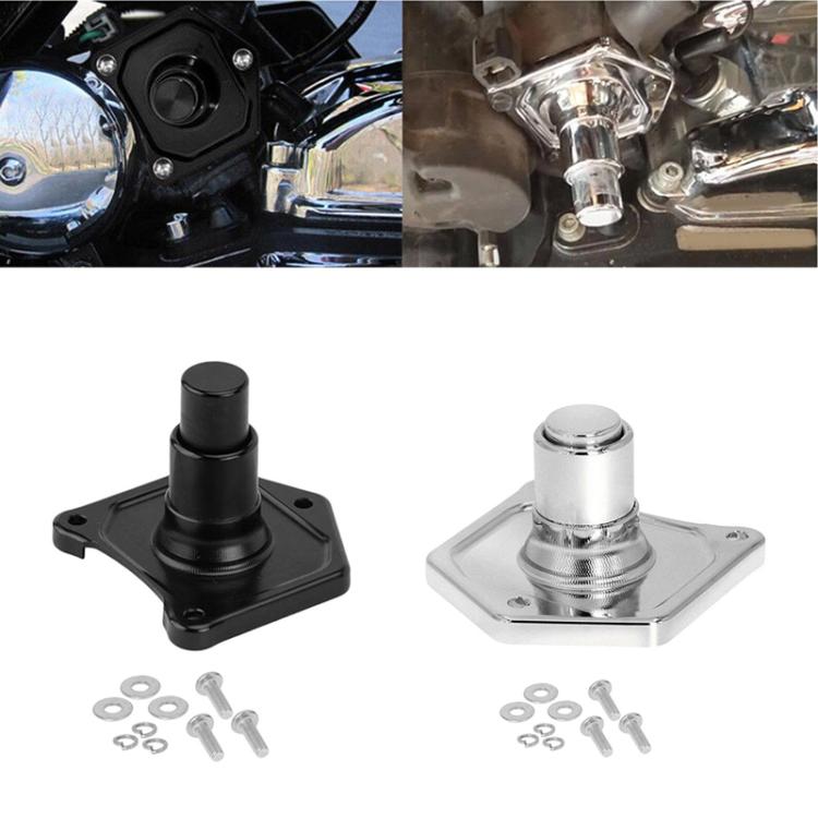 Motorcycle starter switch solenoid valve cover in black and chrome with mounting hardware