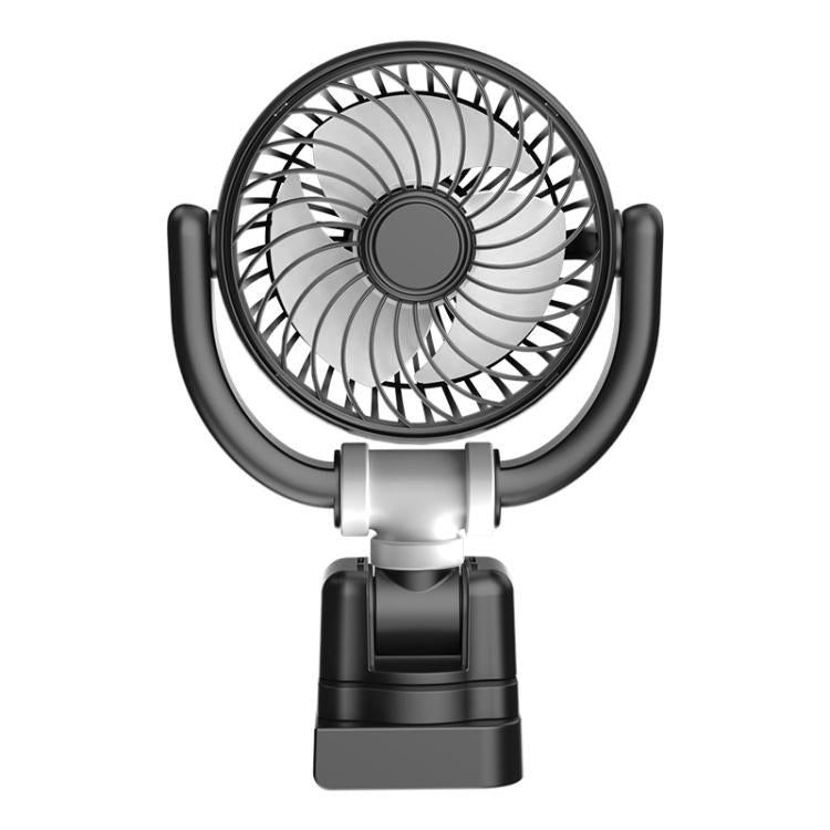 Car corner fan with black circular grille and U-shaped arms, mounted base included