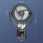 Corner fan with black-and-silver housing; circular grille shown with size layout