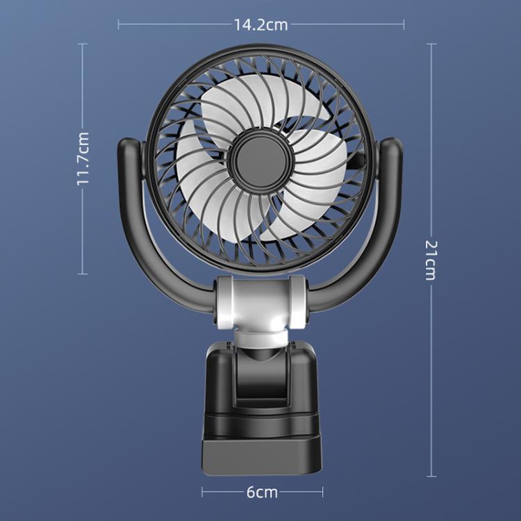 Corner fan with black-and-silver housing; circular grille shown with size layout