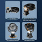 Car corner fan showing foldable multi-angle head and rotating base, four-panel diagram