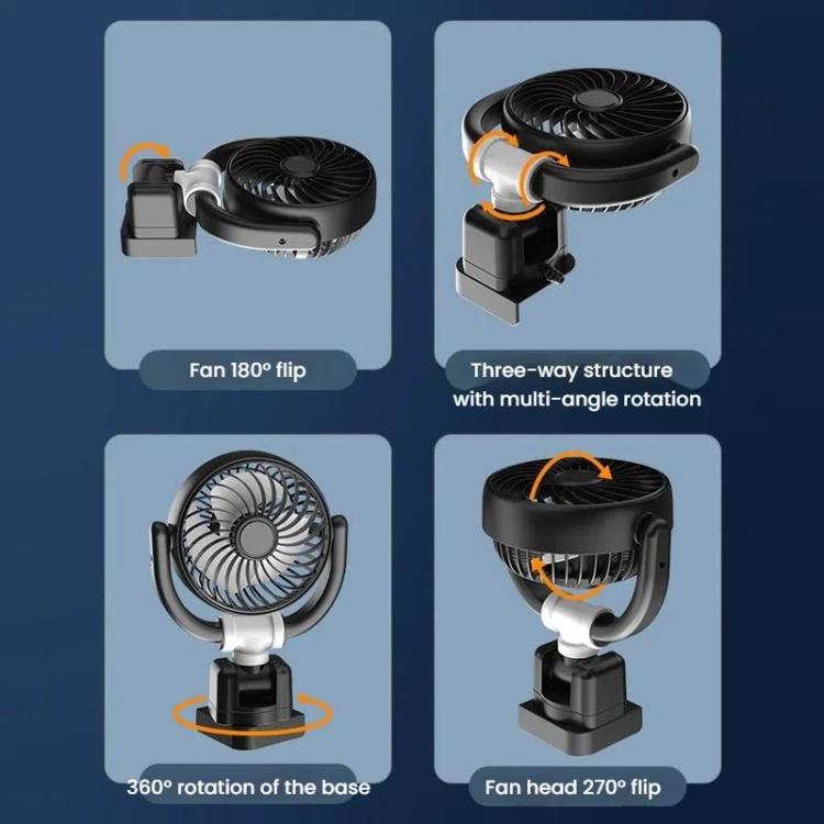 Car corner fan showing foldable multi-angle head and rotating base, four-panel diagram