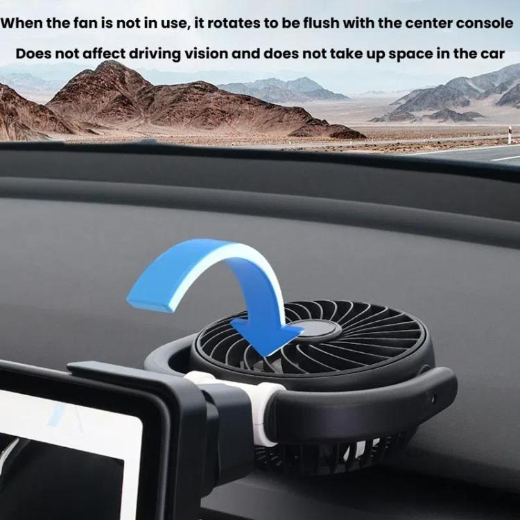 Car dashboard fan with blue airflow arc; compact circular grille