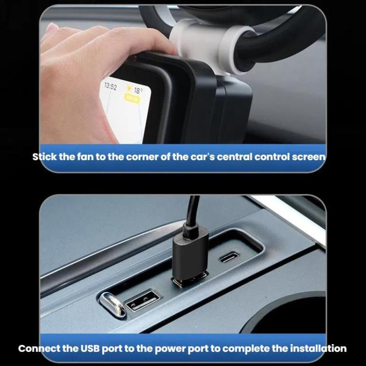 Car corner fan with USB port base and hand mounting on dashboard