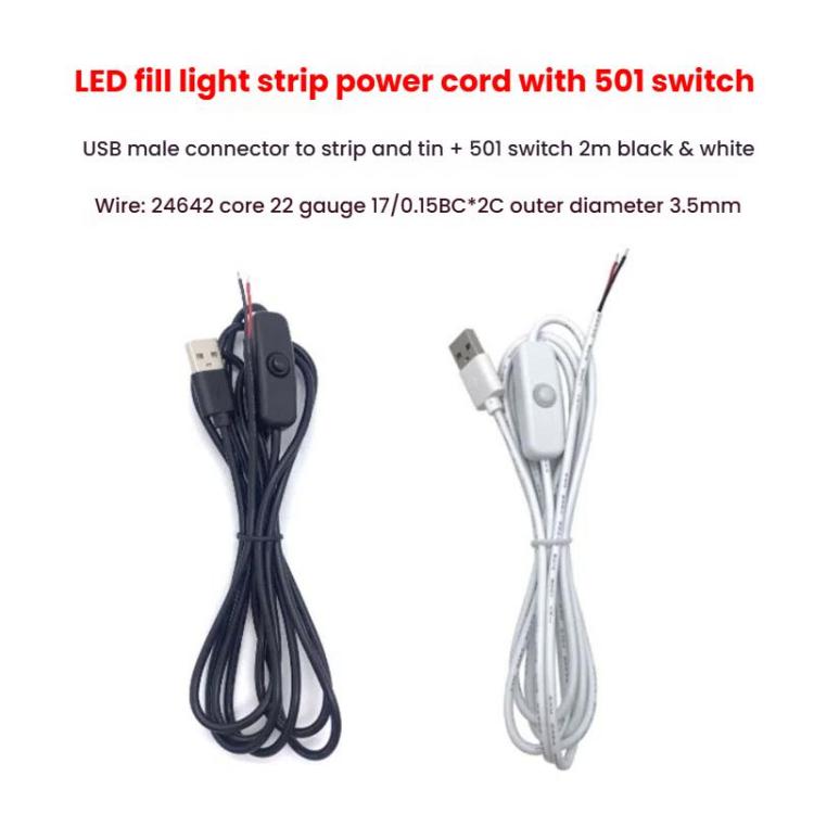 LED strip power cable with inline 501 switch, USB plug and 2-pin leads