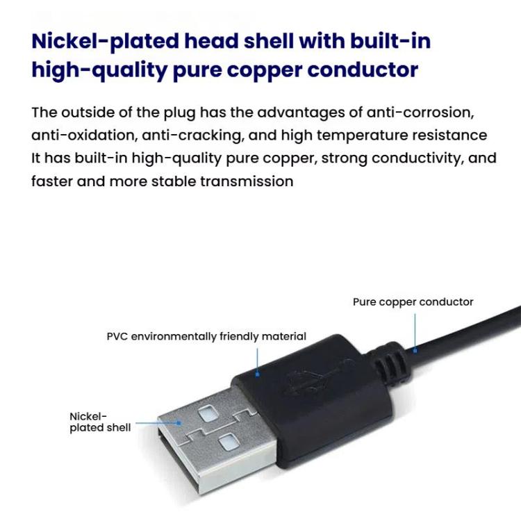 Black USB plug end on power cable with inline switch and two-core conductor wire