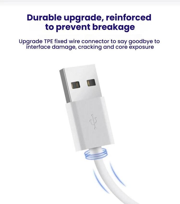 White USB power cable with reinforced connector and two-core output wire