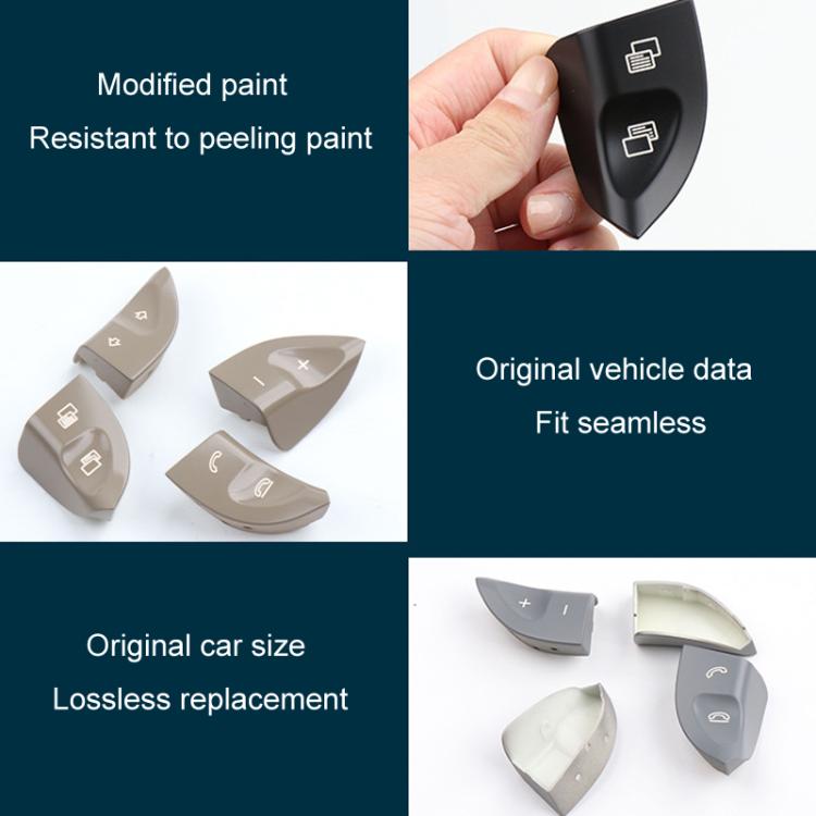 Steering wheel multi-function button cover set with anti-peel finish, black and stone colors