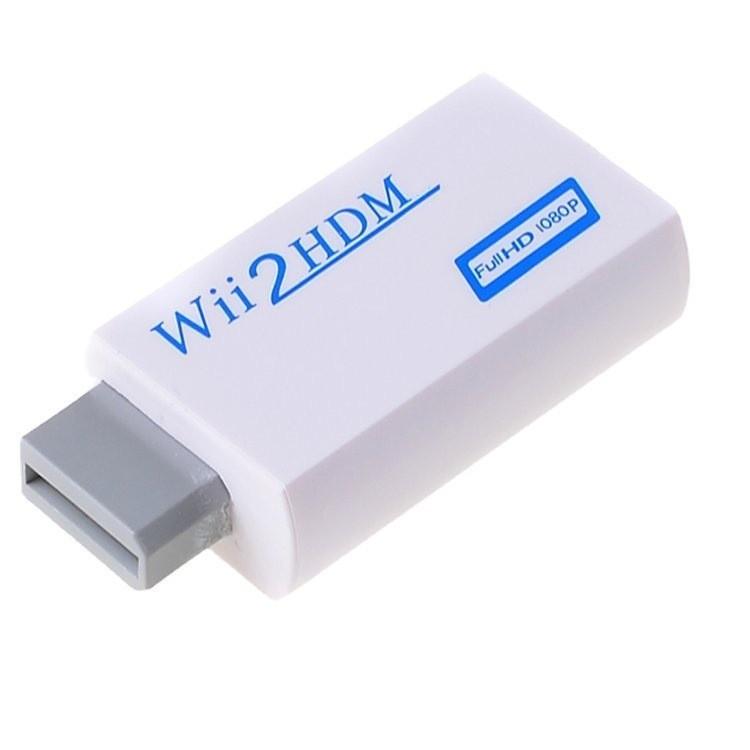 White Wii 2 to HDMI converter with Full HD 1080p label and HDMI plug