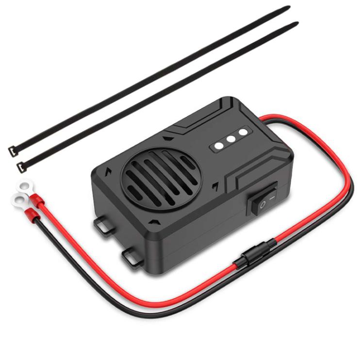 Black ultrasonic car pest repeller box with red/black wiring and two antenna rods.