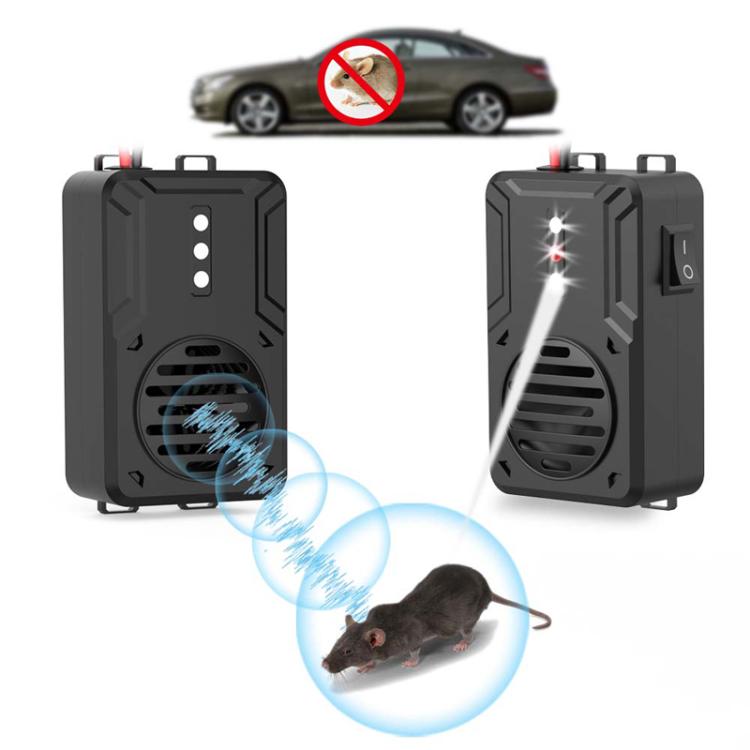 Two black ultrasonic repeller boxes with red wiring, showing ultrasonic waves and mouse.