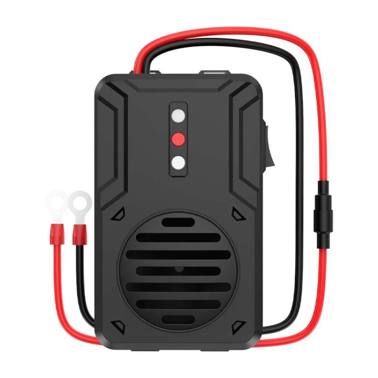Front view of black ultrasonic repeller box with red power wires and indicator lights.
