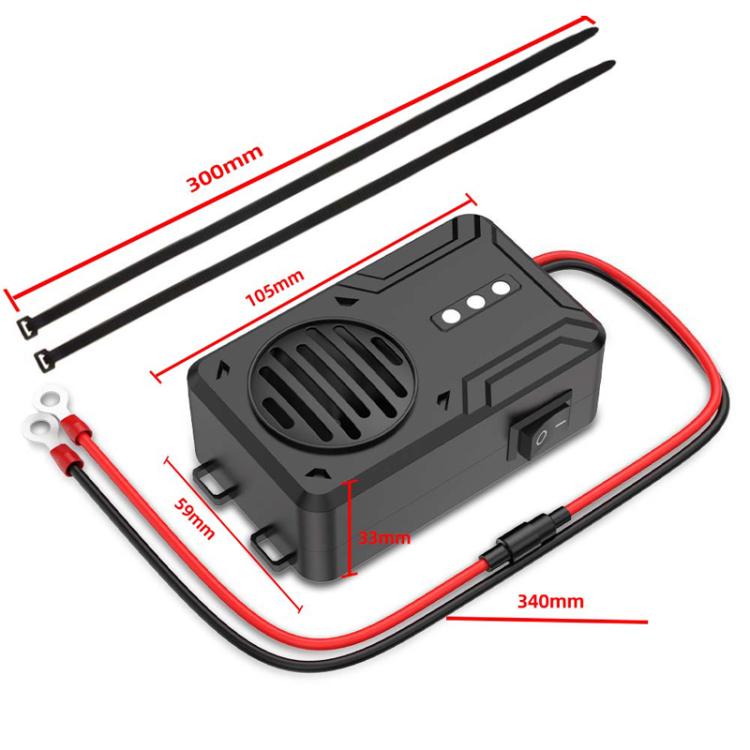 Ultrasonic repeller kit with black box, red/black leads, and labeled size measurements.