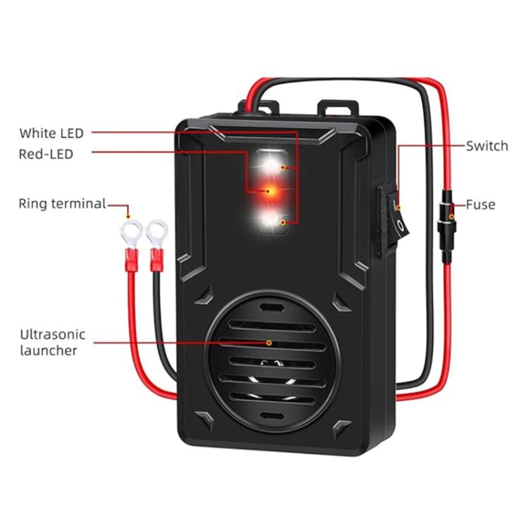 Black ultrasonic repeller with red wires, switch and fuse, and front speaker grille.