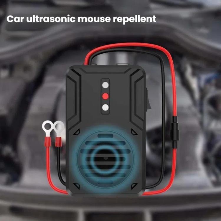 Black ultrasonic repeller box with blue speaker light and red/black wiring harness.