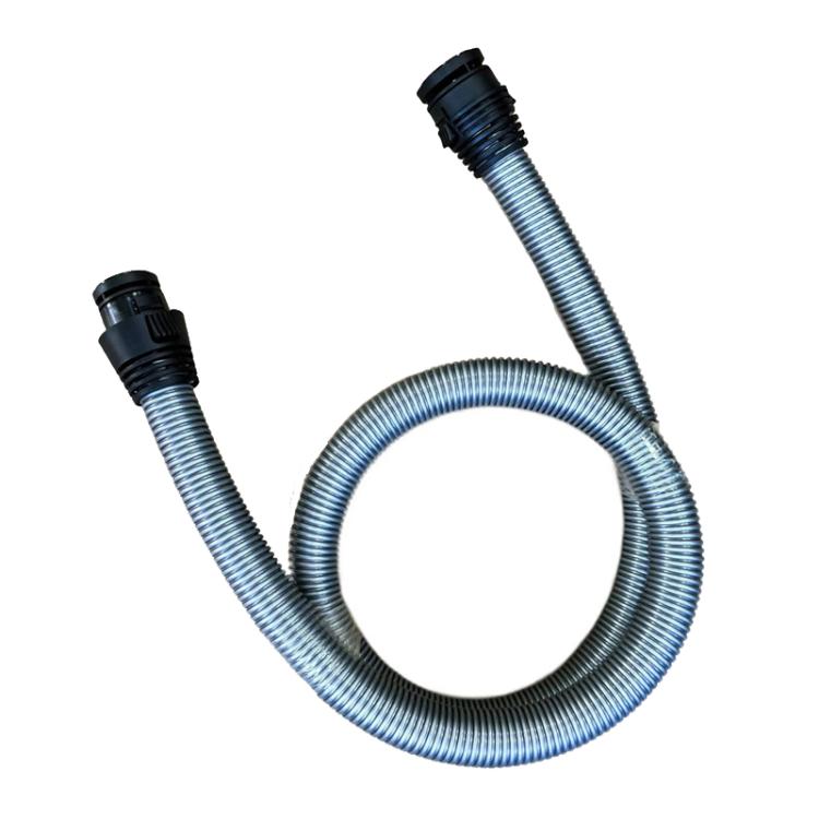 Light blue corrugated vacuum extension hose with black end connectors