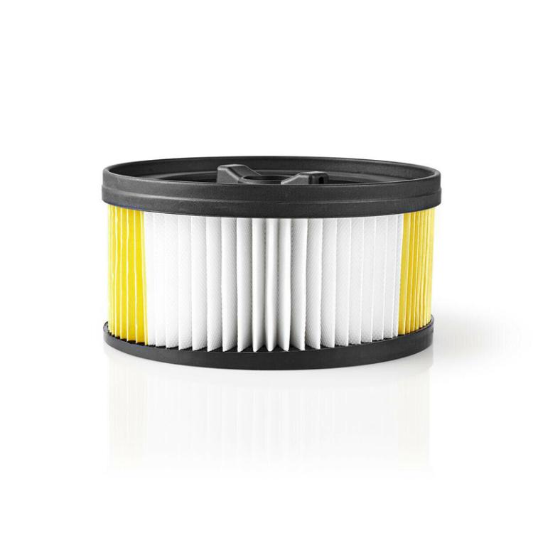 Vacuum filter cartridge, pleated white media with yellow edge, black outer ring