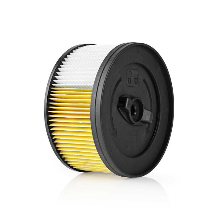 Vacuum filter cartridge with pleated yellow and white media, black center cap