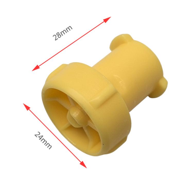 Yellow watering nozzle accessory with size dimensions, cylindrical connector