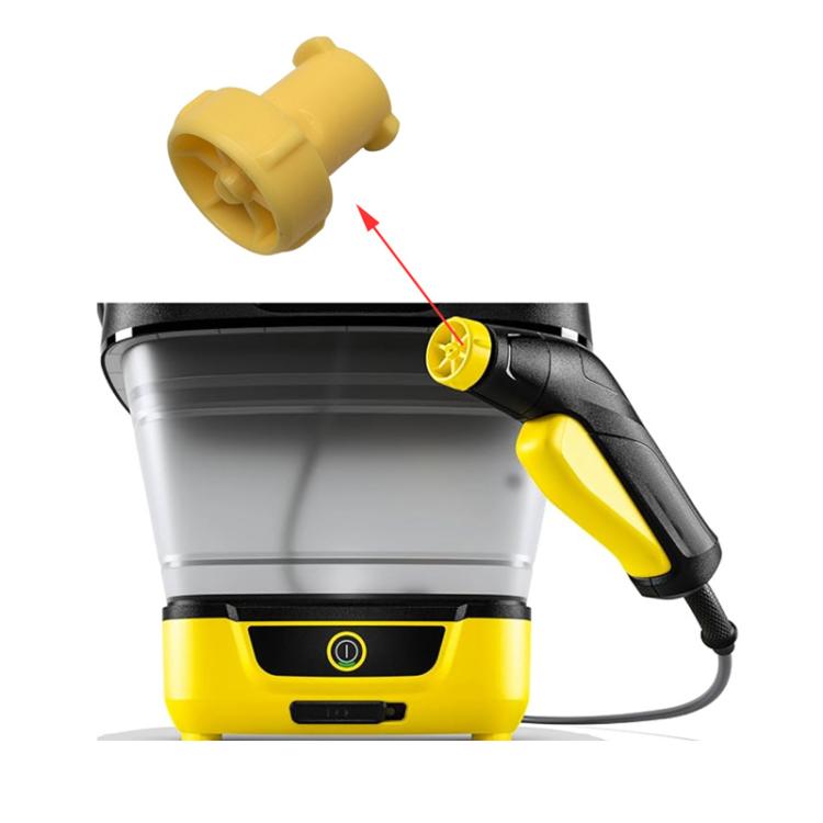 Yellow watering nozzle accessory attached to vacuum cleaner OC3-style unit