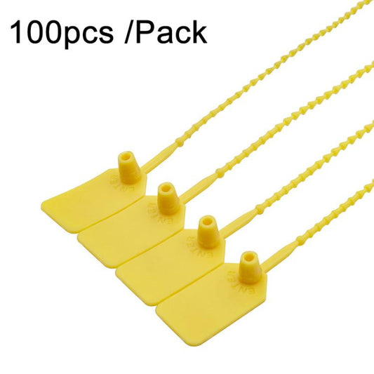 Yellow plastic security seal tags with beaded snap ties, 100-pack bundle