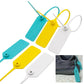 Colorful plastic anti-theft seal tags with looped tie cords, shown in blue yellow white