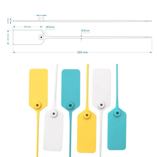Plastic security seal tags with size diagram and circular snap holes