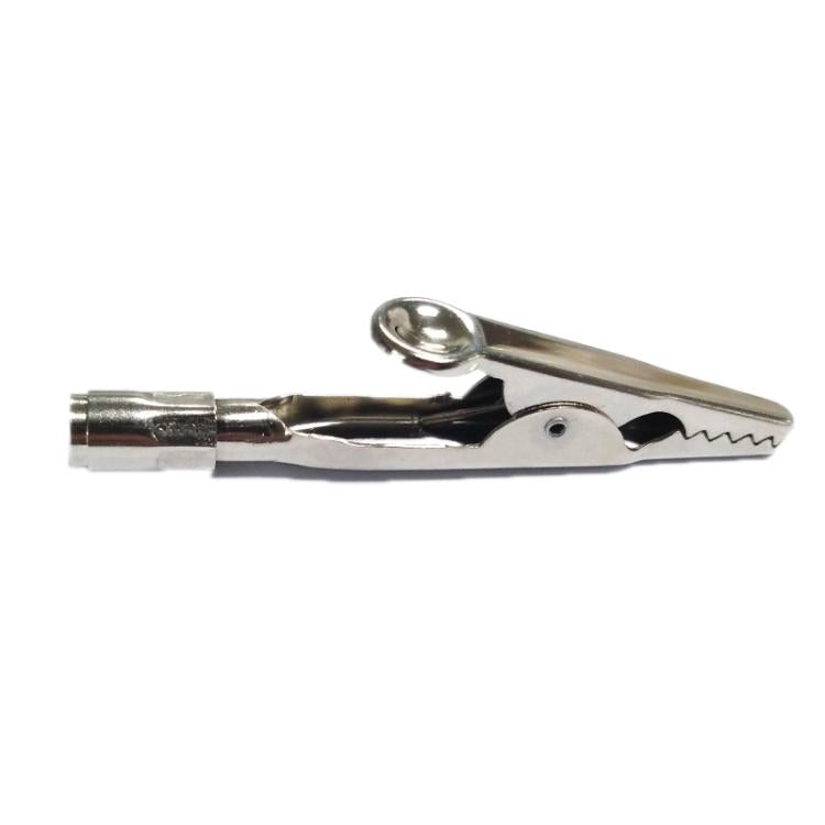 Metal alligator clip test lead with spring latch and insulated plug connector