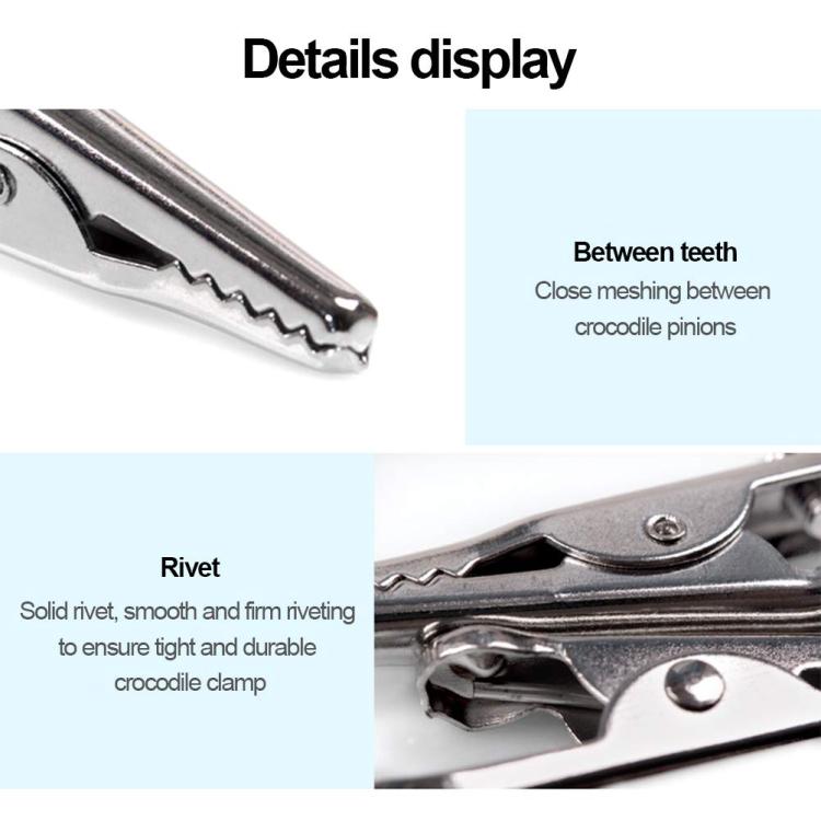 Close view of alligator clip with serrated grip and rivet joint