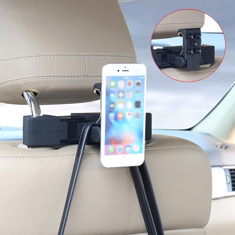 Car seatback hanging hook with suction cup, holding a phone to the seatback