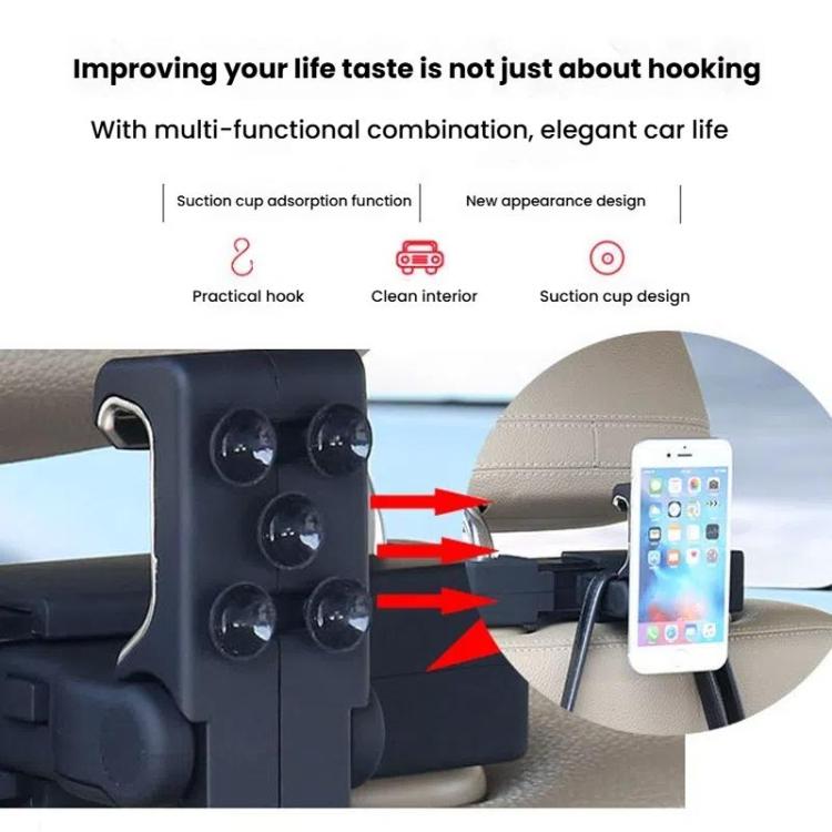 Car seatback hanging hook with suction cup pads, securing a phone to the seat
