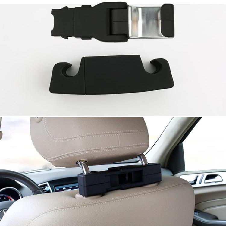 Car seatback hanging hook hardware with metal support prongs and black base