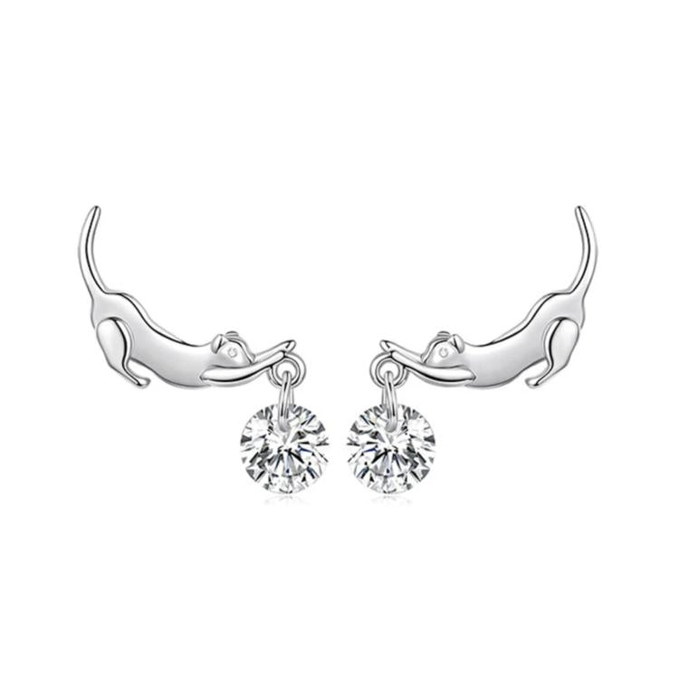Dachshund charm drop earrings, silver-tone with round crystal stones