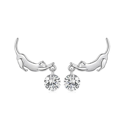 Dachshund charm drop earrings, silver-tone with round crystal stones