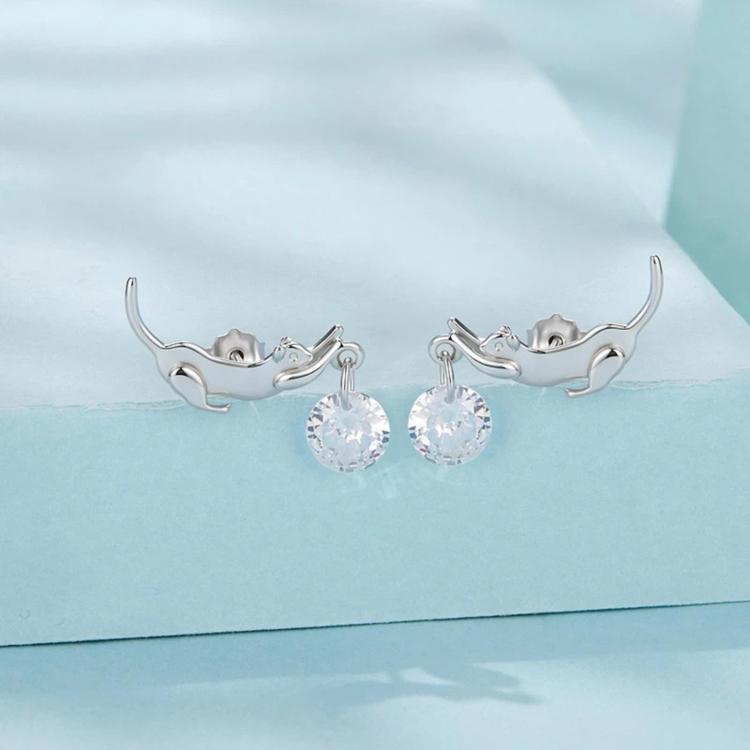 Dachshund charm earrings with round clear stones, silver-tone