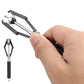Watch needle remover tool with metal rods and black grip, held by hand