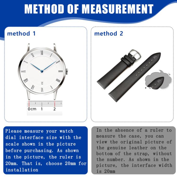 Watch measurement method card showing dial, strap, and measurement scale