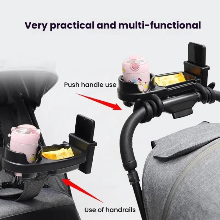 3-in-1 stroller tray cup holder mounted on stroller handle, black plastic