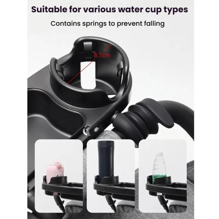 Stroller cup holder cradle with spring grip for water cups, black plastic