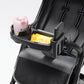 Stroller tray cup holder with covered phone/snack area and cup slot, black and gray