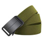 Olive green stretch belt with automatic buckle, angled view