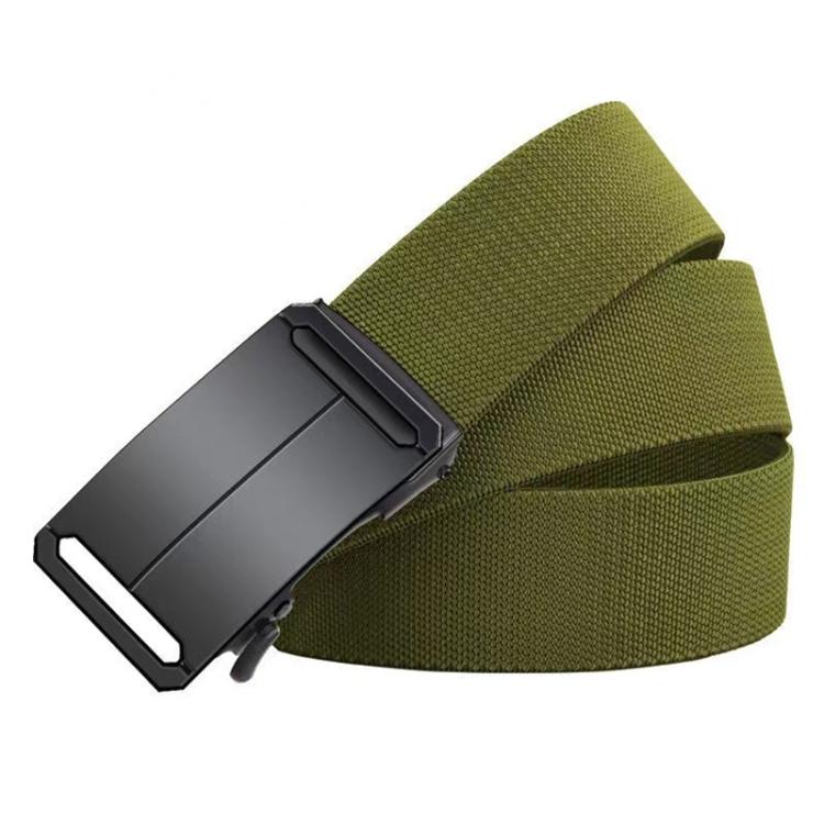 Olive green stretch belt with automatic buckle, angled view