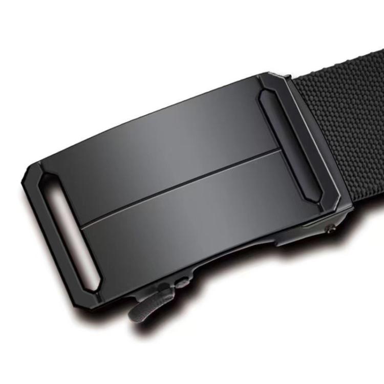 Black stretch belt with metal automatic buckle close-up