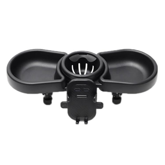 Black stroller dining tray attachment with dual cup holders and central clamp