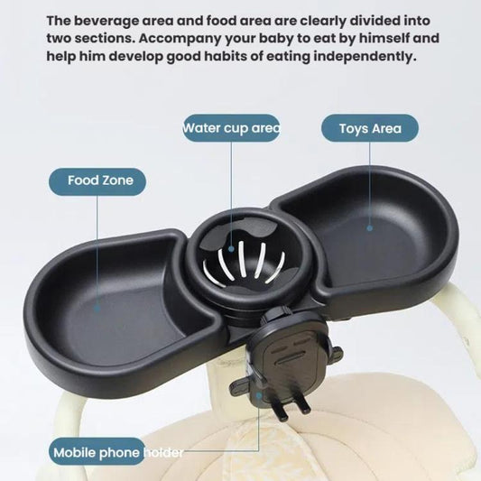 Black stroller dining tray with divided food and drink compartments and phone holder