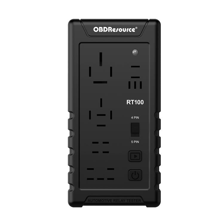 OBD relay tester RT100 with front test panel, 4-pin and 5-pin slots, power controls
